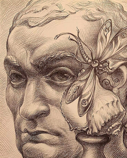 Detailed pencil sketch of thoughtful man with butterfly on temple, skull overlay by Natalia Bulat