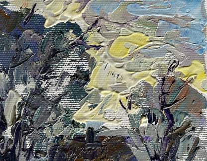 Oil painting Winter morning in the village by Oleksiy Ivanyuk, impasto blues and grays