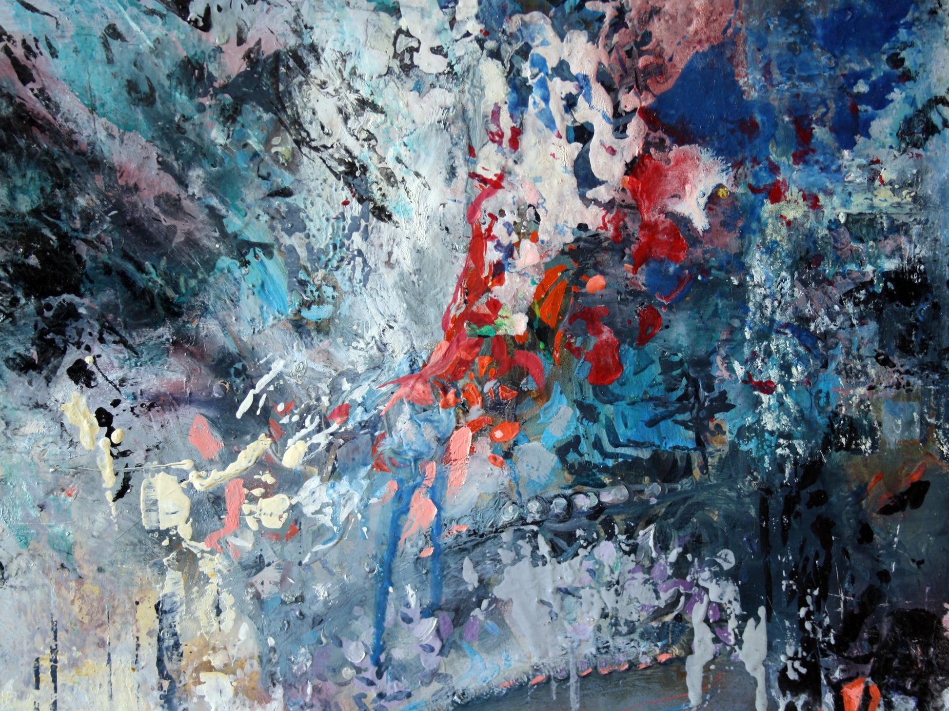 Oil painting Carnival by Alexander Dobrodiy with red blue white splashes