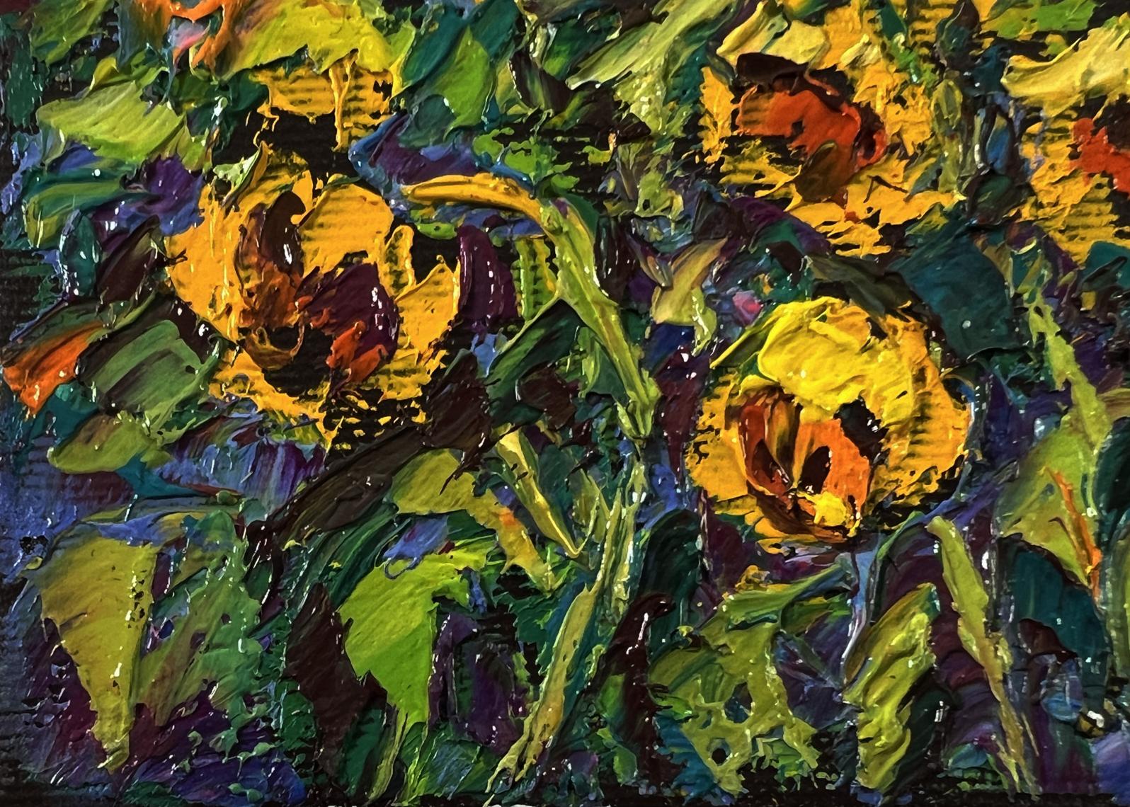 Oil painting Field sunflowers by Oleksiy Ivanyuk vibrant yellow with orange centers
