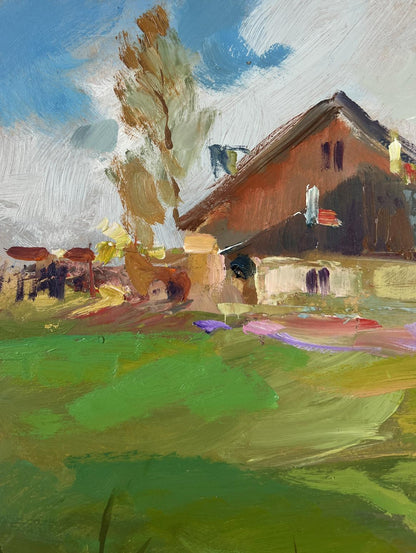 Oil painting of rustic red-brown house by Yuriy Suprunchuk