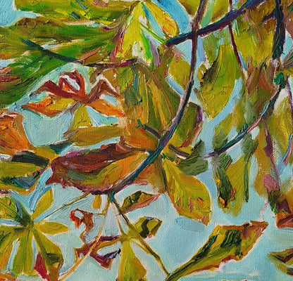 Vibrant impressionist oil painting of chestnut leaves by Leonid Pavlenko