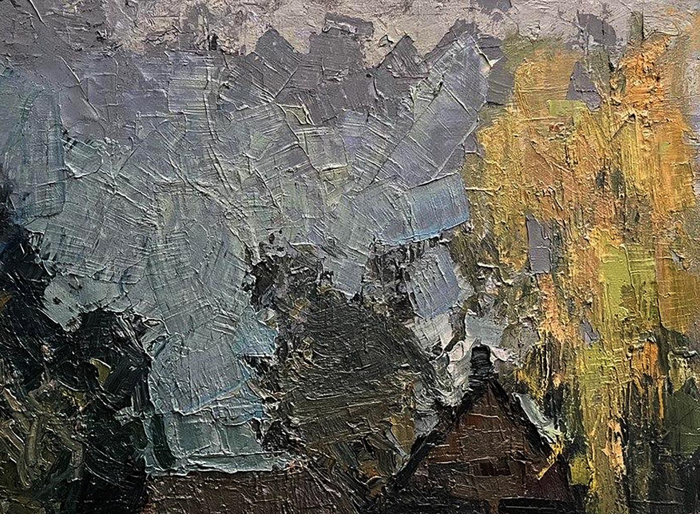 Abstract gray black ochre oil painting of houses by forest by Volodymyr Pashchenko