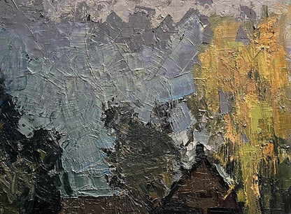 Abstract gray black ochre oil painting of houses by forest by Volodymyr Pashchenko