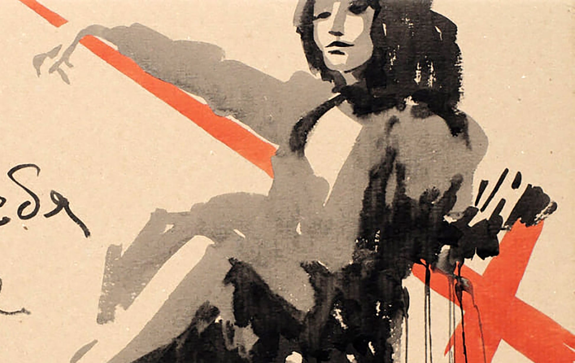 Stylized ink woman in black gray white with red accents by Dima Filatov acrylic painting