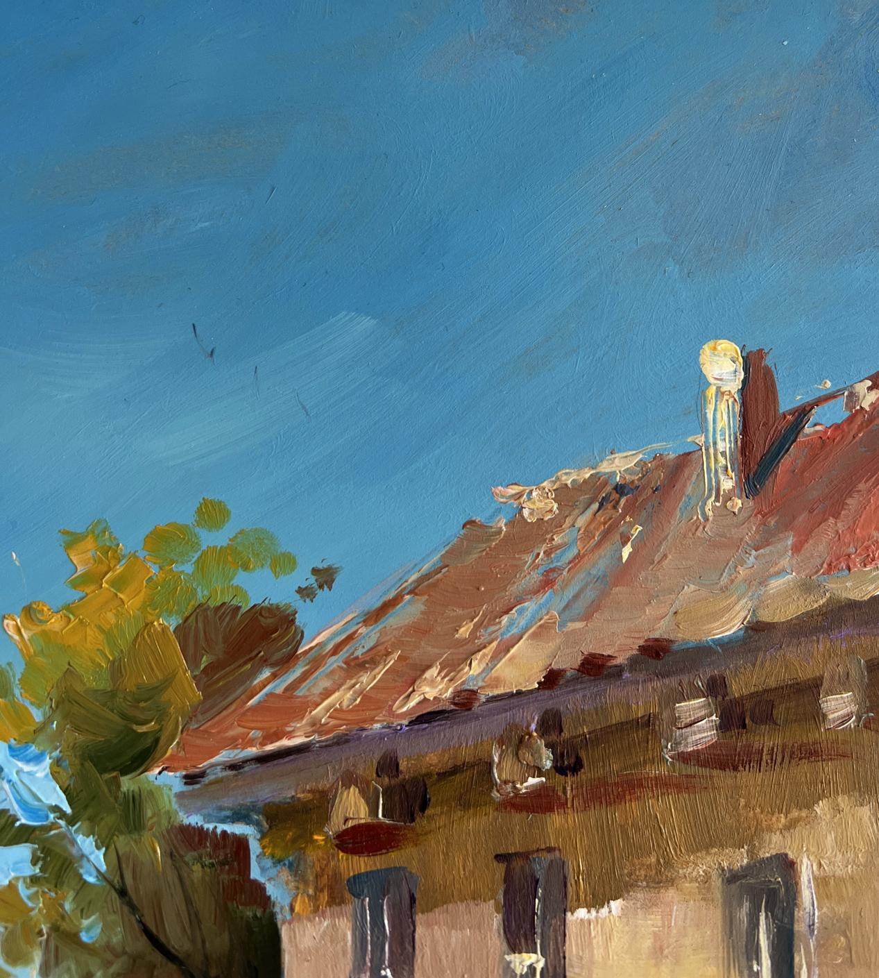 Oil painting Warm wind on the streets by Yuriy Suprunchuk: textured reddish-brown tiled roof under vibrant blue sky
