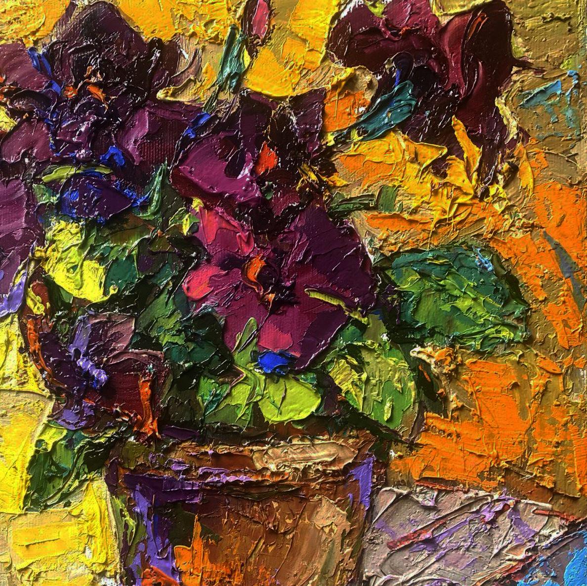 Vibrant impressionist oil painting of gentle petunias in earth-toned pot by Oleksiy Ivanyuk