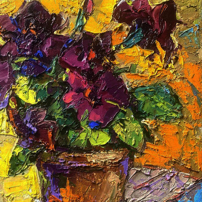 Vibrant impressionist oil painting of gentle petunias in earth-toned pot by Oleksiy Ivanyuk