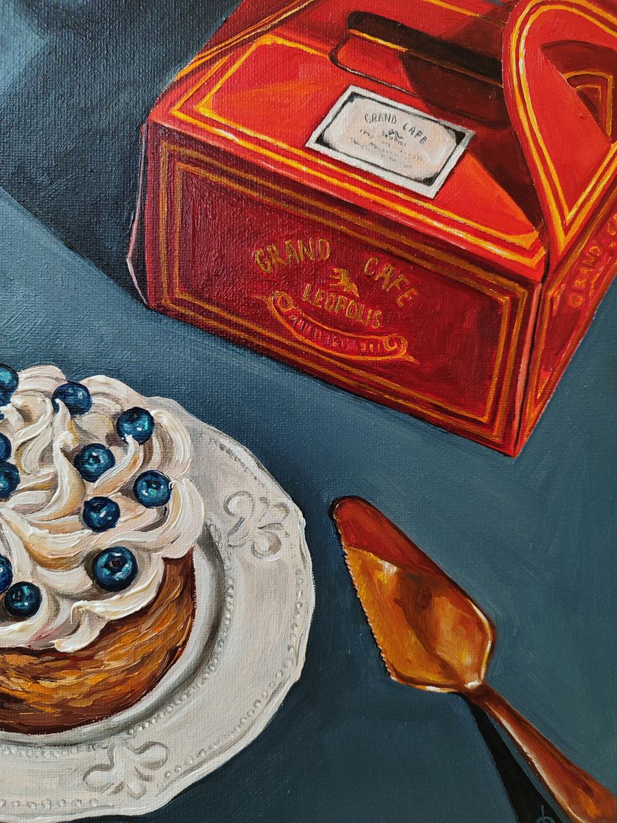 Oil painting Desert on the table Oksana Sklym with grand cafe Lefebvre red gold pastry box