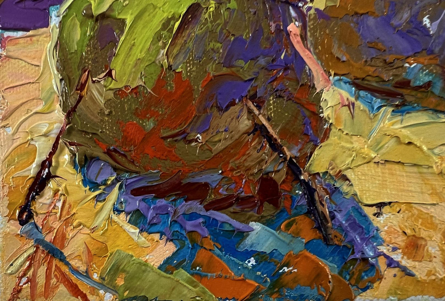 Oil painting Haystacks in a field by Oleksiy Ivanyuk vibrant impasto abstract