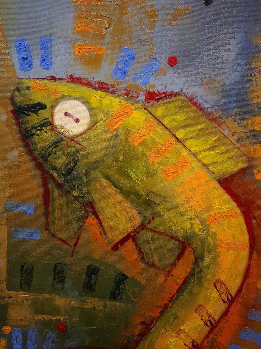 Oil painting King Button goes for a walk by Sergiy Voichenko, textured green orange fish