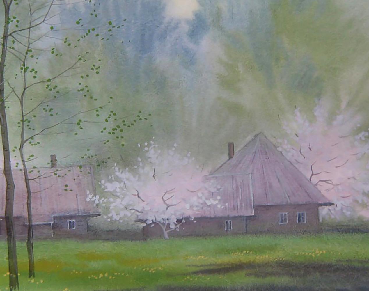 Watercolor painting of rustic spring village house by Valery Savenets