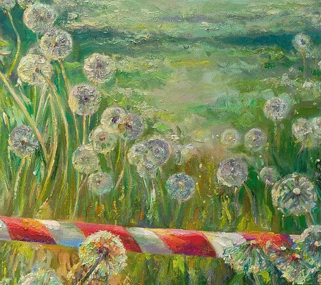 Vibrant oil painting of dandelions in field by Leonid Pavlenko