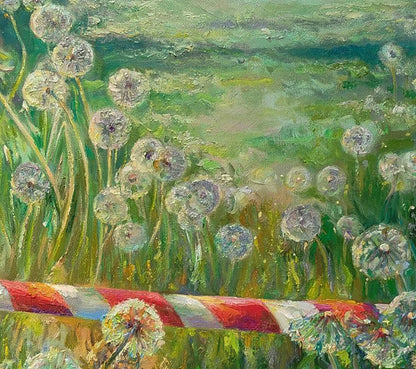 Vibrant oil painting of dandelions in field by Leonid Pavlenko