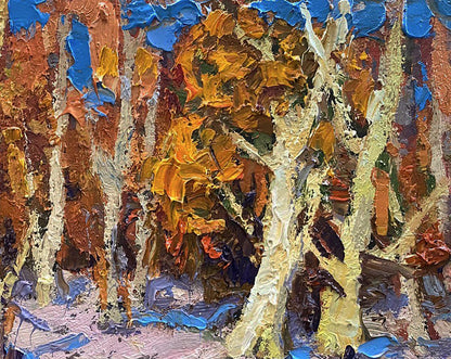 Vibrant impressionist oil painting of snowy autumn forest by Oleksiy Ivanyuk