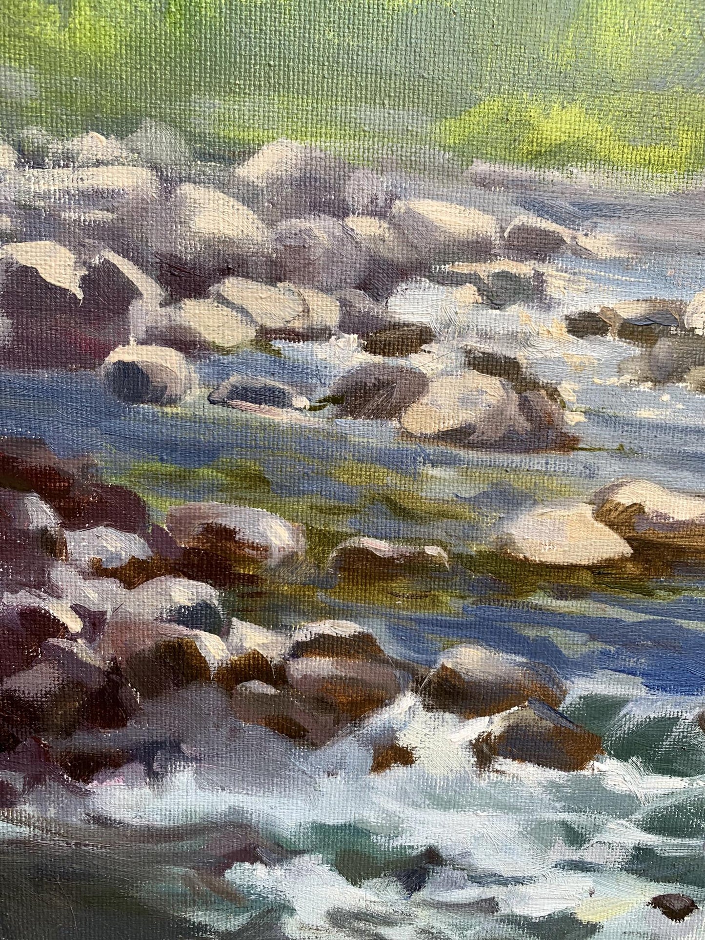 Oil painting Threshold to a dream by Tatyana Derdey: river over stones