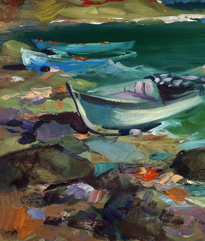 Impressionist oil painting of light blue rowboat on rocky shore by Yuriy Suprunchuk