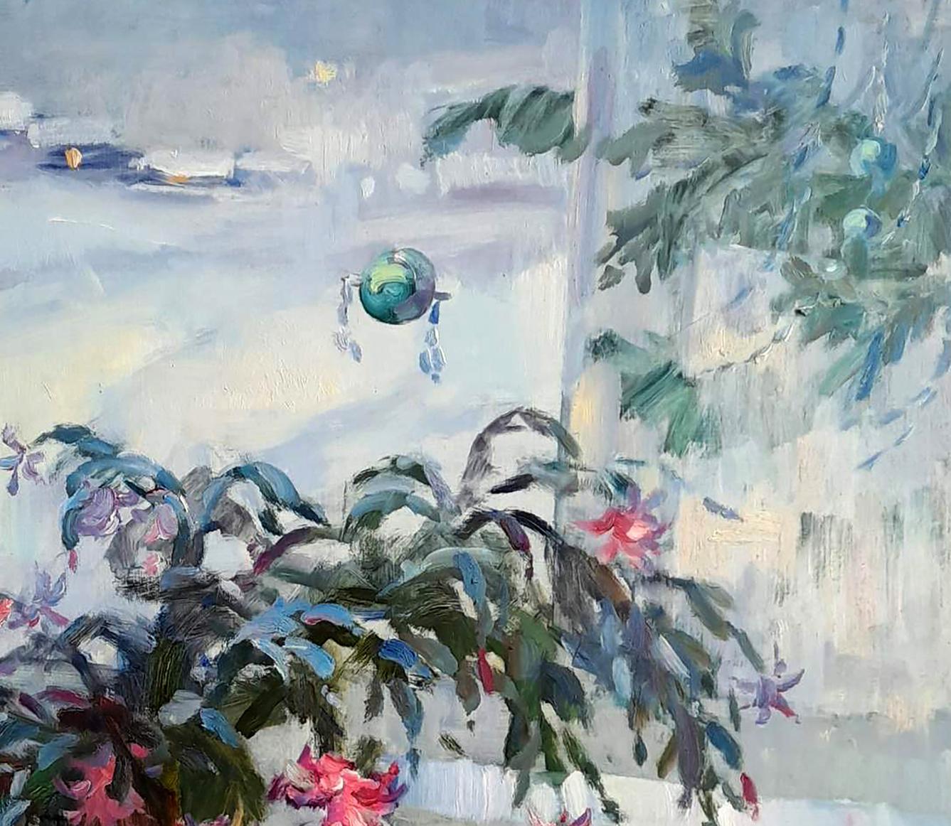 Teal green painted globe by Oi painting Flowers on windowsill Ivan Kovalenko