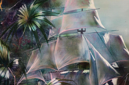 Oil painting of tall ship by Alexander Dobrodiy, tropical pastel motif