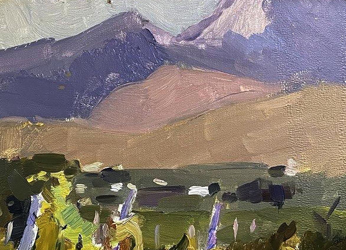 Oil painting Vineyards by Oleksandr Andreev: purple blue mountain peaks