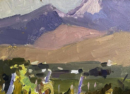 Oil painting Vineyards by Oleksandr Andreev: purple blue mountain peaks