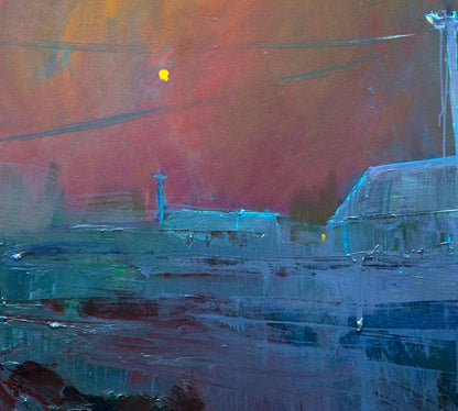 Oil painting Fog over the village by Natalia Korf-Ivaniuk, twilight waterfront scene