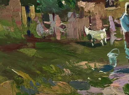 Oil painting Yard in the village by Yuriy Suprunchuk: white goat in green field