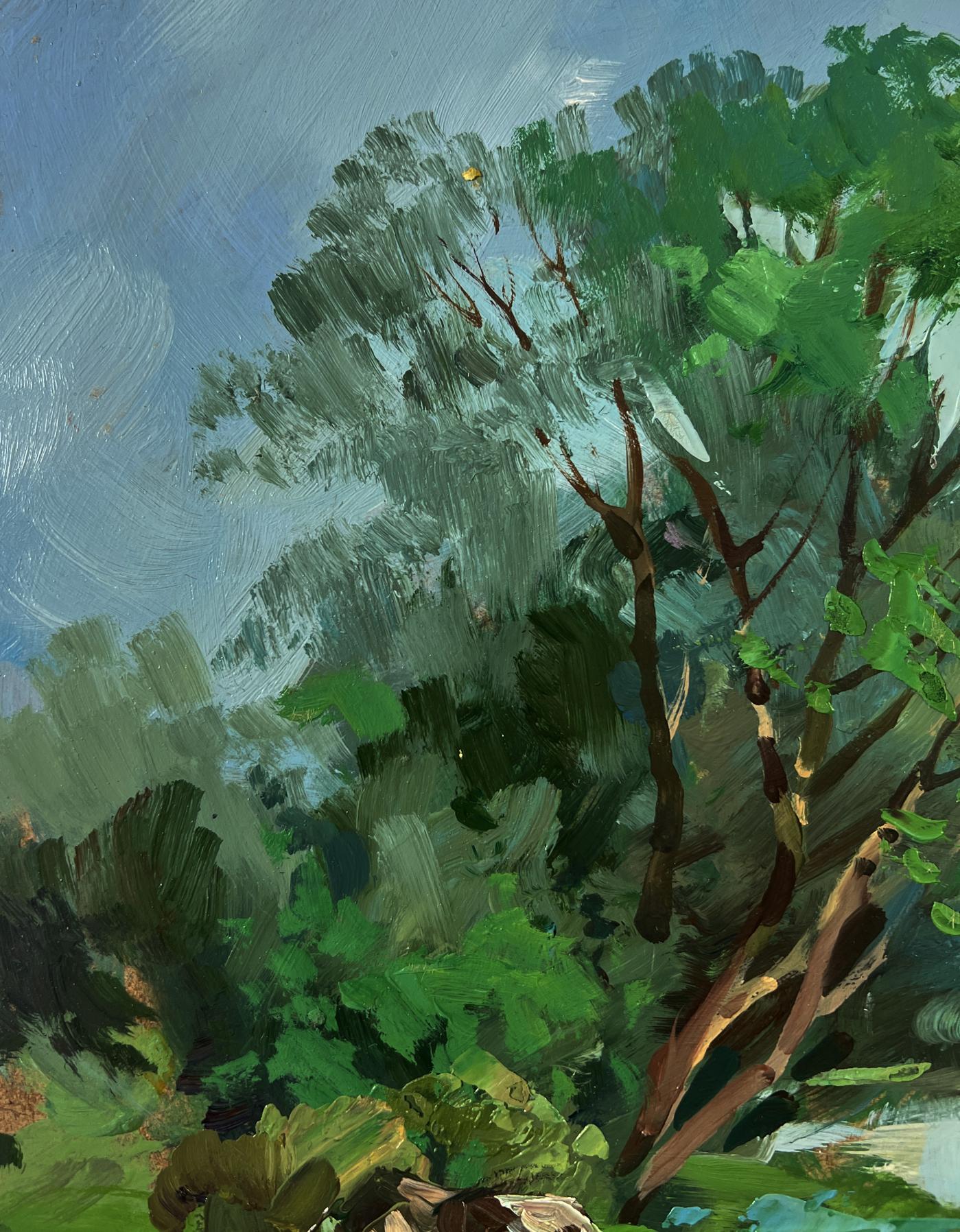 Lush impressionistic oil painting of green foliage over river bridge by Yuriy Suprunchuk