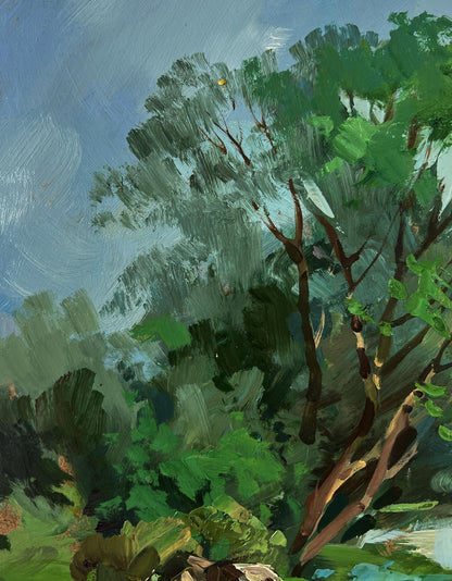 Lush impressionistic oil painting of green foliage over river bridge by Yuriy Suprunchuk