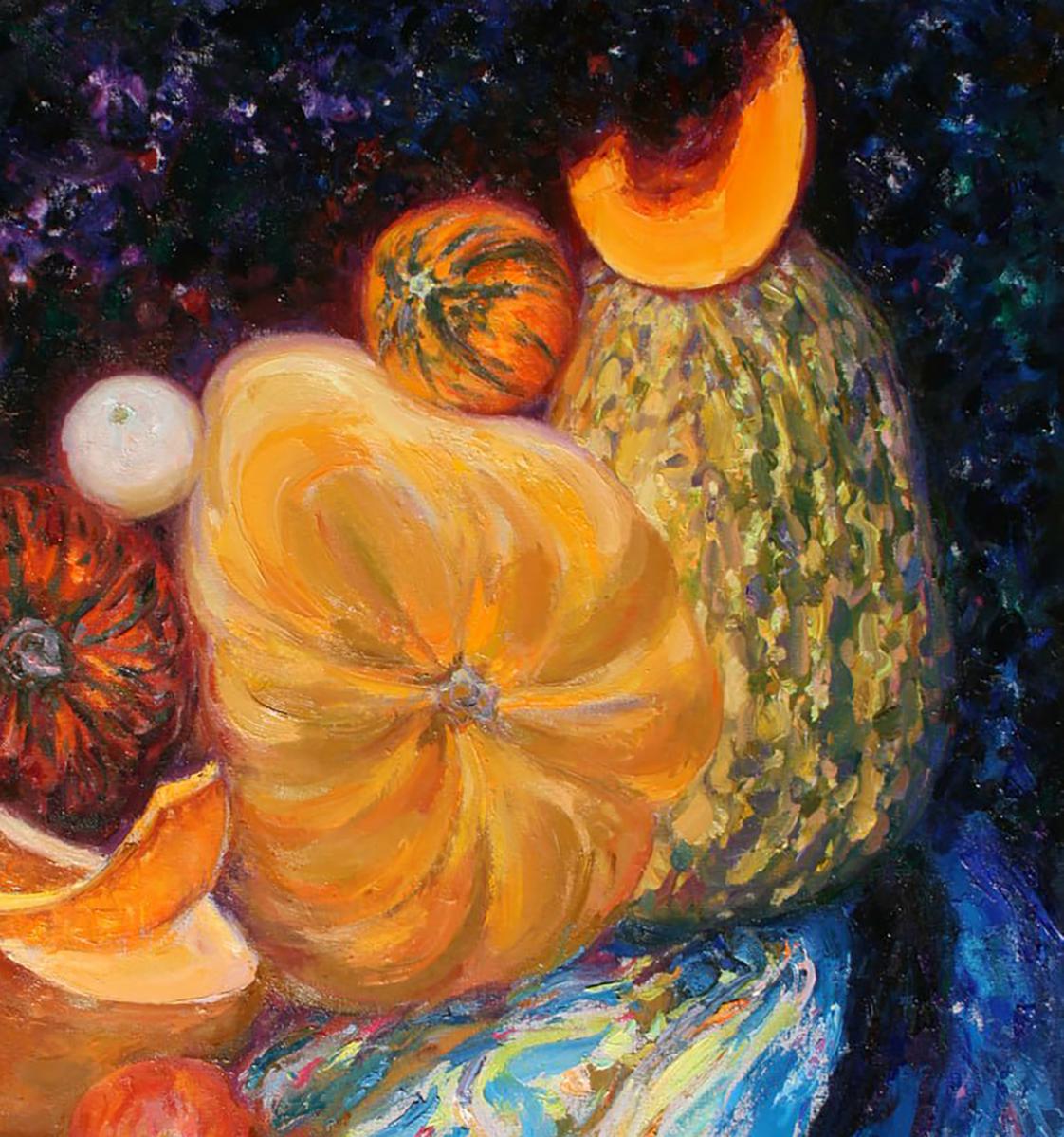 Oil painting The moon has risen by Leonid Pavlenko: vibrant pumpkins on starry night