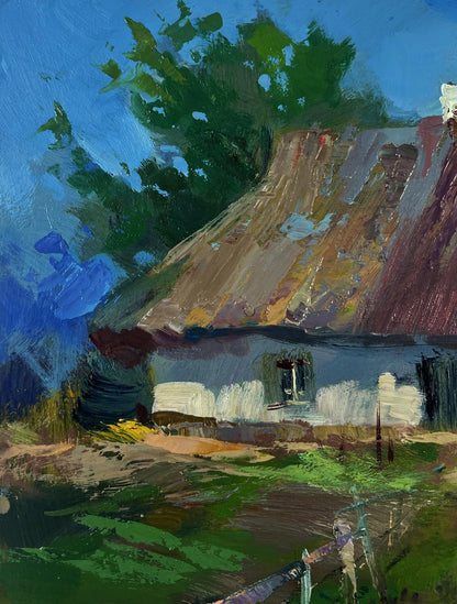 Oil painting of rustic white cottage with thatched roof by Yuriy Suprunchuk