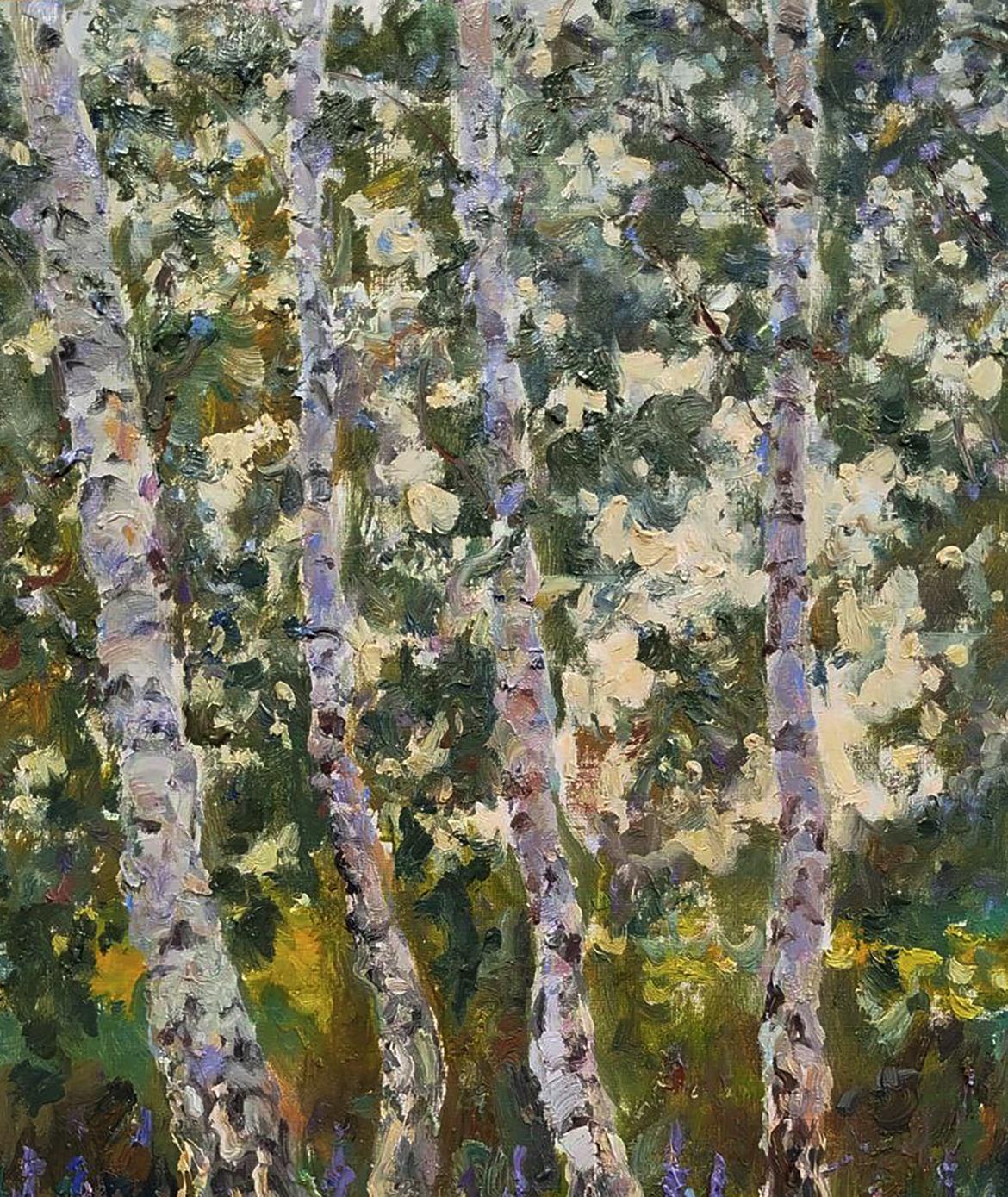 Textured oil painting of blooming lupine and birch trees by Leonid Pavlenko