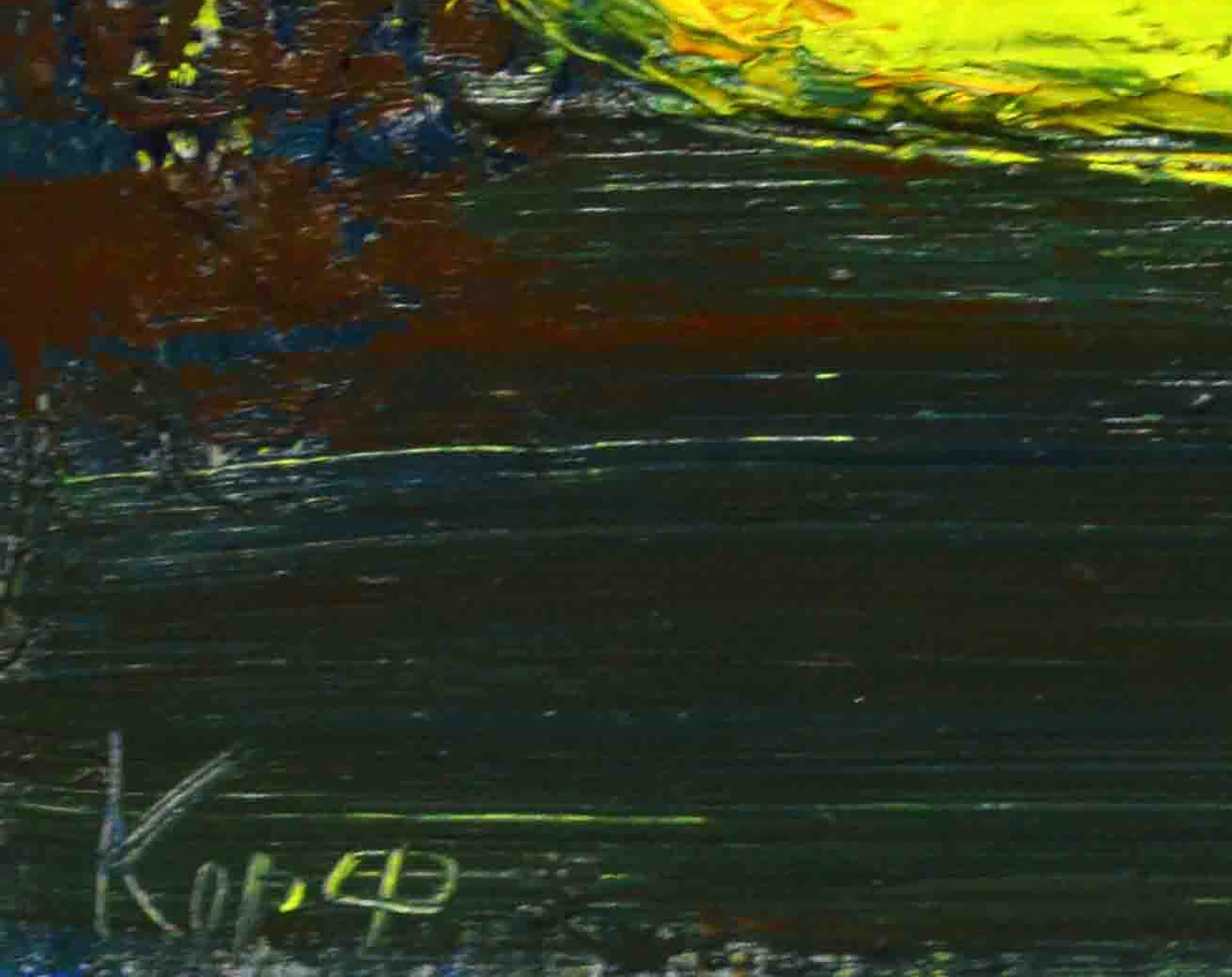 Oil painting Yellow Lake by Natalia Korf-Ivaniuk, vibrant yellow green blue abstract