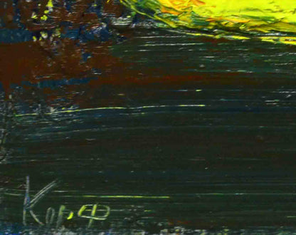 Oil painting Yellow Lake by Natalia Korf-Ivaniuk, vibrant yellow green blue abstract