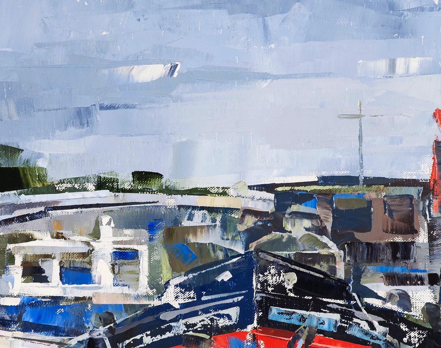 Oil painting Boats and bridge by Volodymyr Gluhomanyuk, abstract blues reds whites