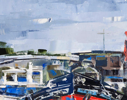 Oil painting Boats and bridge by Volodymyr Gluhomanyuk, abstract blues reds whites