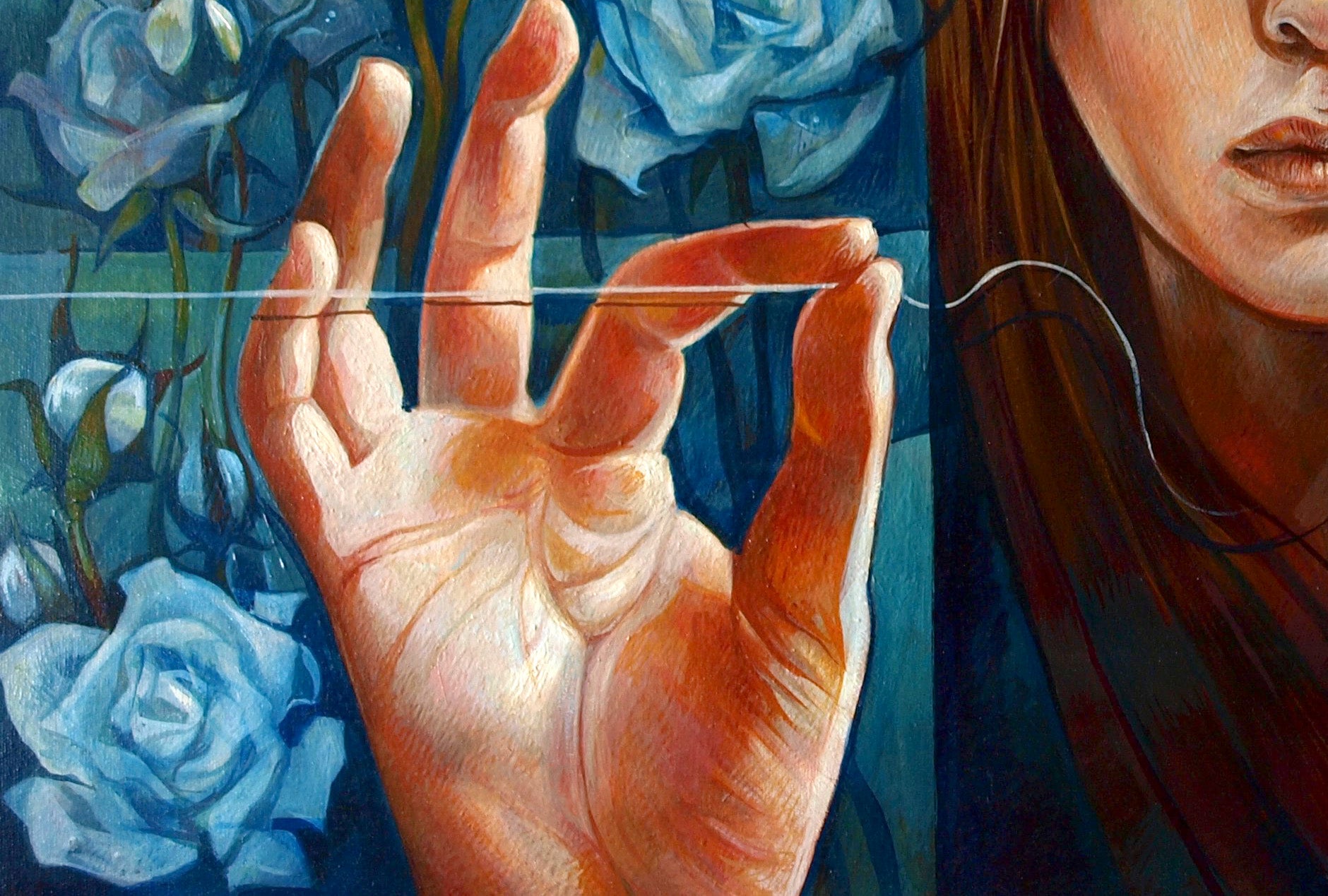 Hand holding white thread on Oil painting Garden of Delights Konsta G. Amelinn