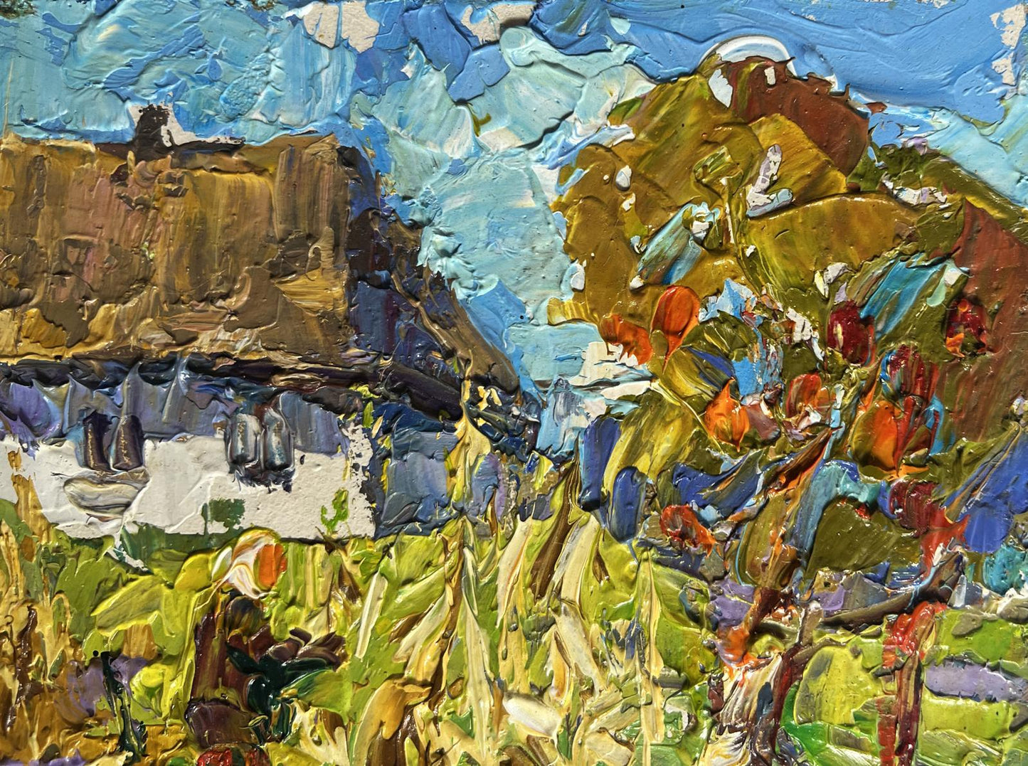 Vibrant impressionist oil painting of autumn gardening cottage by Oleksiy Ivanyuk