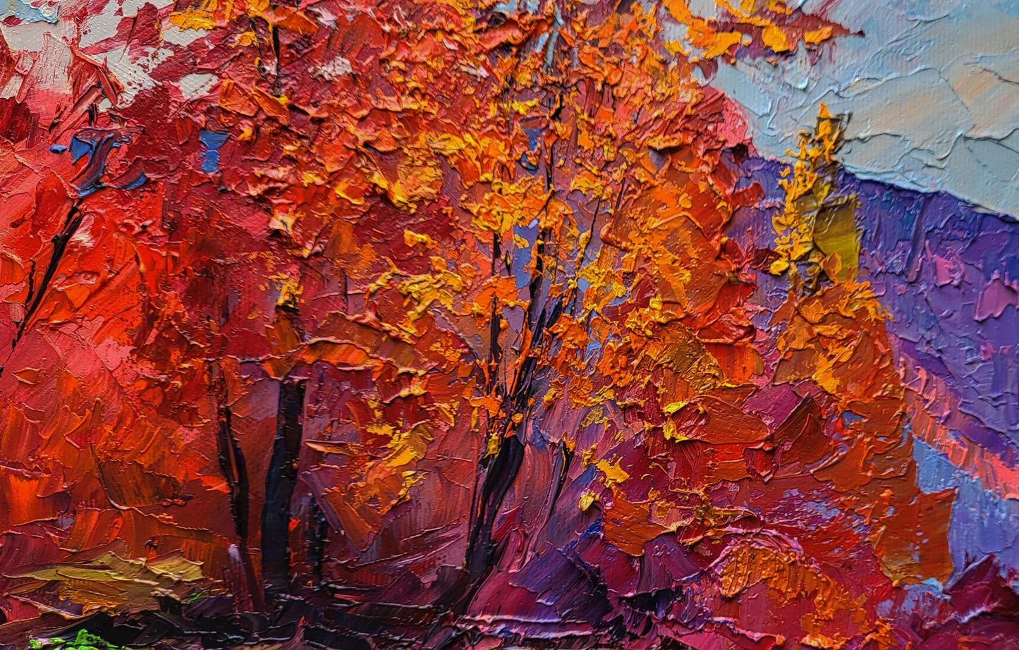 Oil painting Autumn is crimson by Boris Serdyuk with vibrant textured fiery leaves