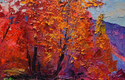 Oil painting Autumn is crimson by Boris Serdyuk with vibrant textured fiery leaves