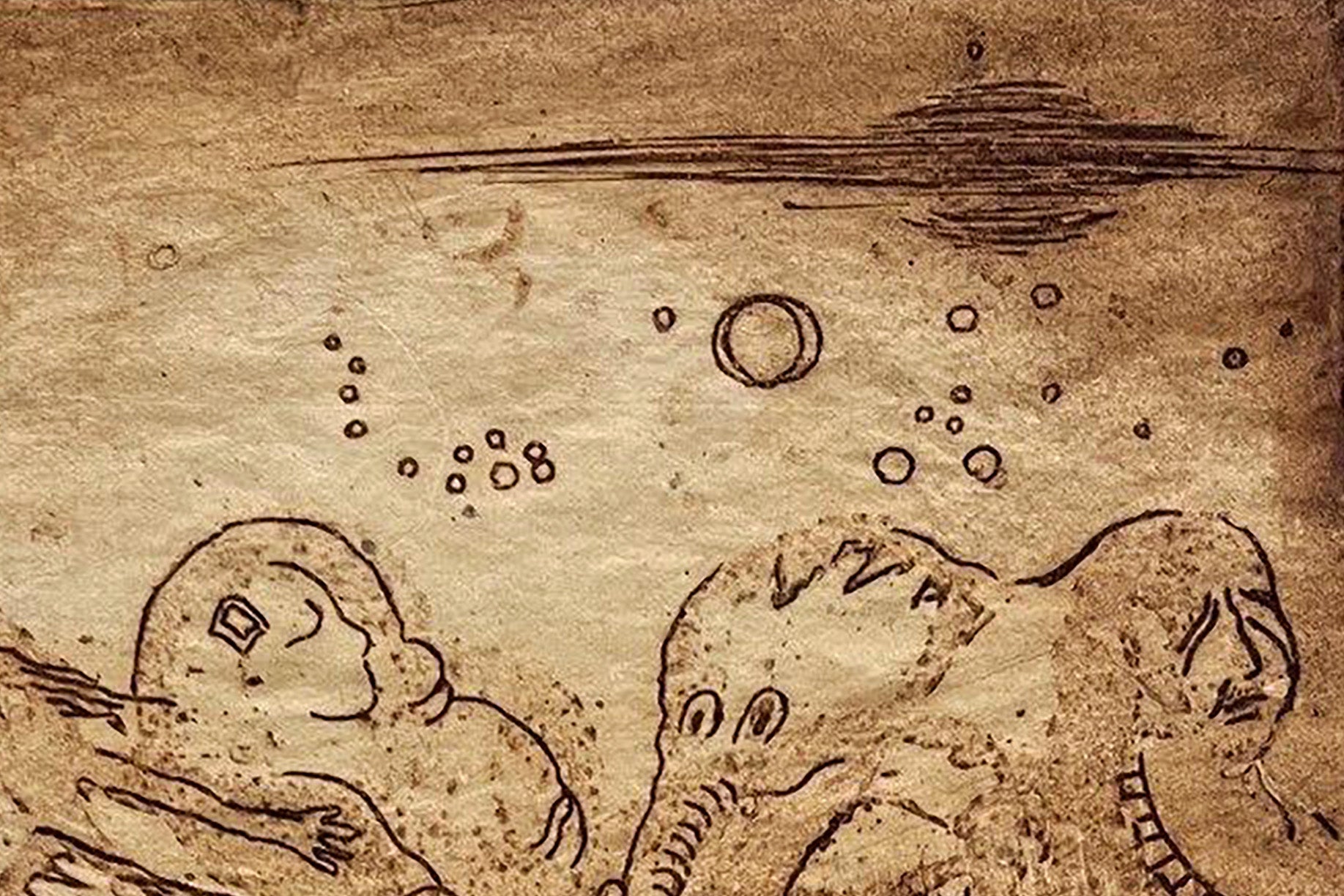 Sepia-toned etching painting Night by Oleksandr Zhmailo on aged parchment