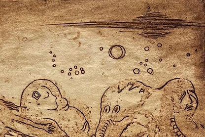 Sepia-toned etching painting Night by Oleksandr Zhmailo on aged parchment