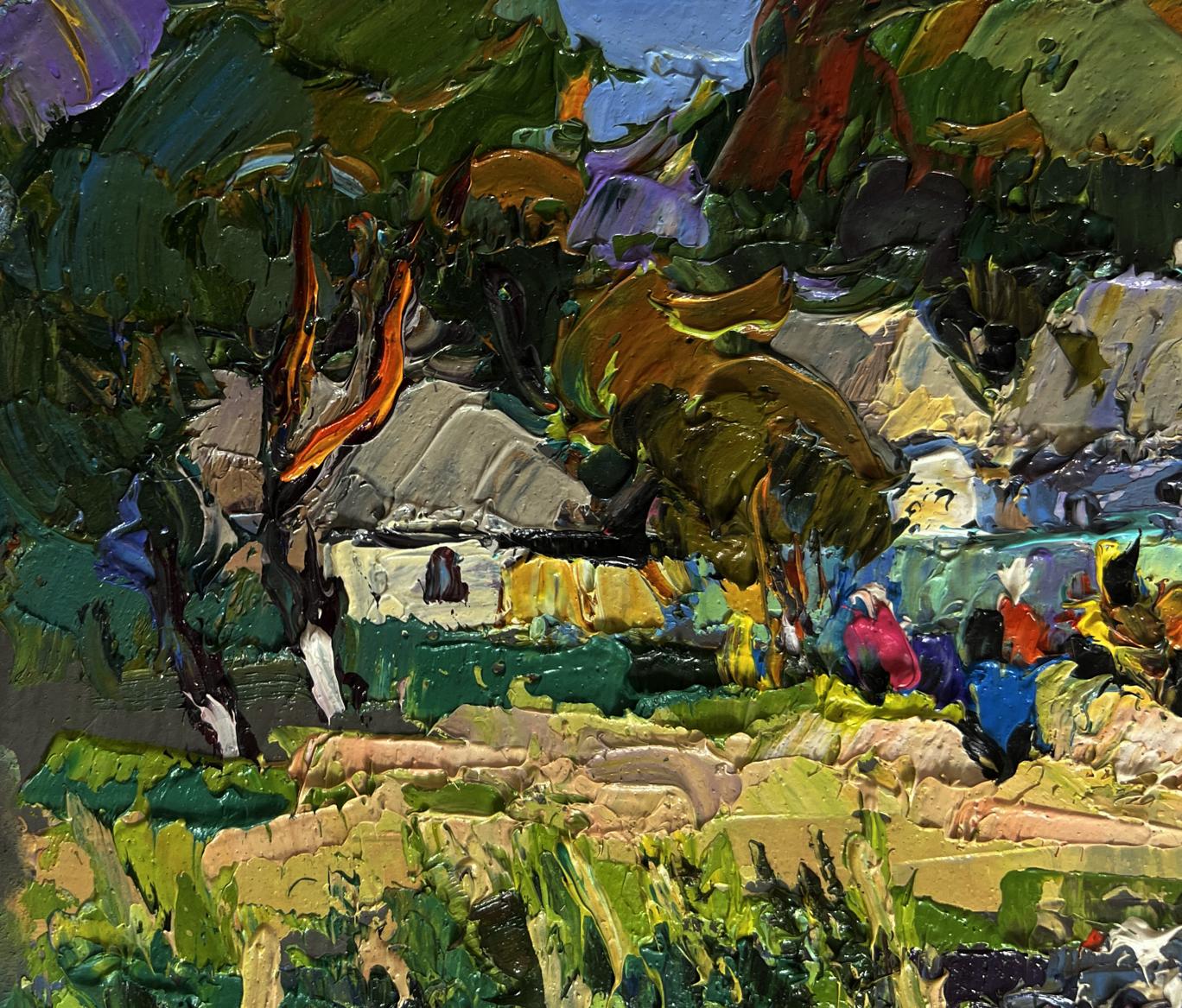 Vibrant impressionist oil painting of ducks swimming along river by Oksana Ivanyuk