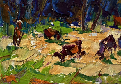 Vibrant impressionist oil painting by Oleksiy Ivanyuk of flock in lush meadows
