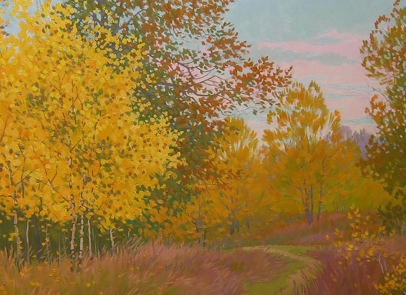 Oil painting Golden autumn nature Valery Savenets with golden birch trees