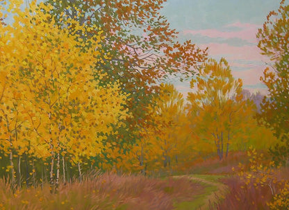 Oil painting Golden autumn nature Valery Savenets with golden birch trees
