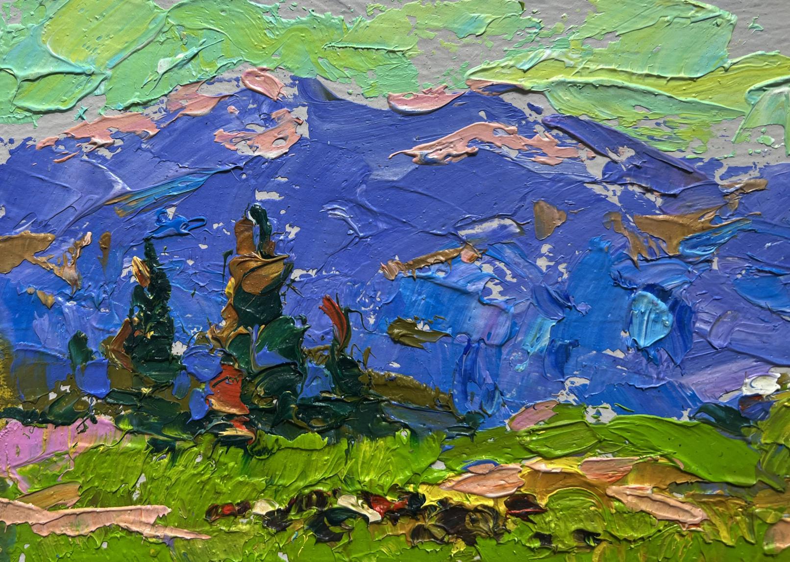 Vibrant Oleksiy Ivanyuk oil painting On the mountain plains with blue mountains