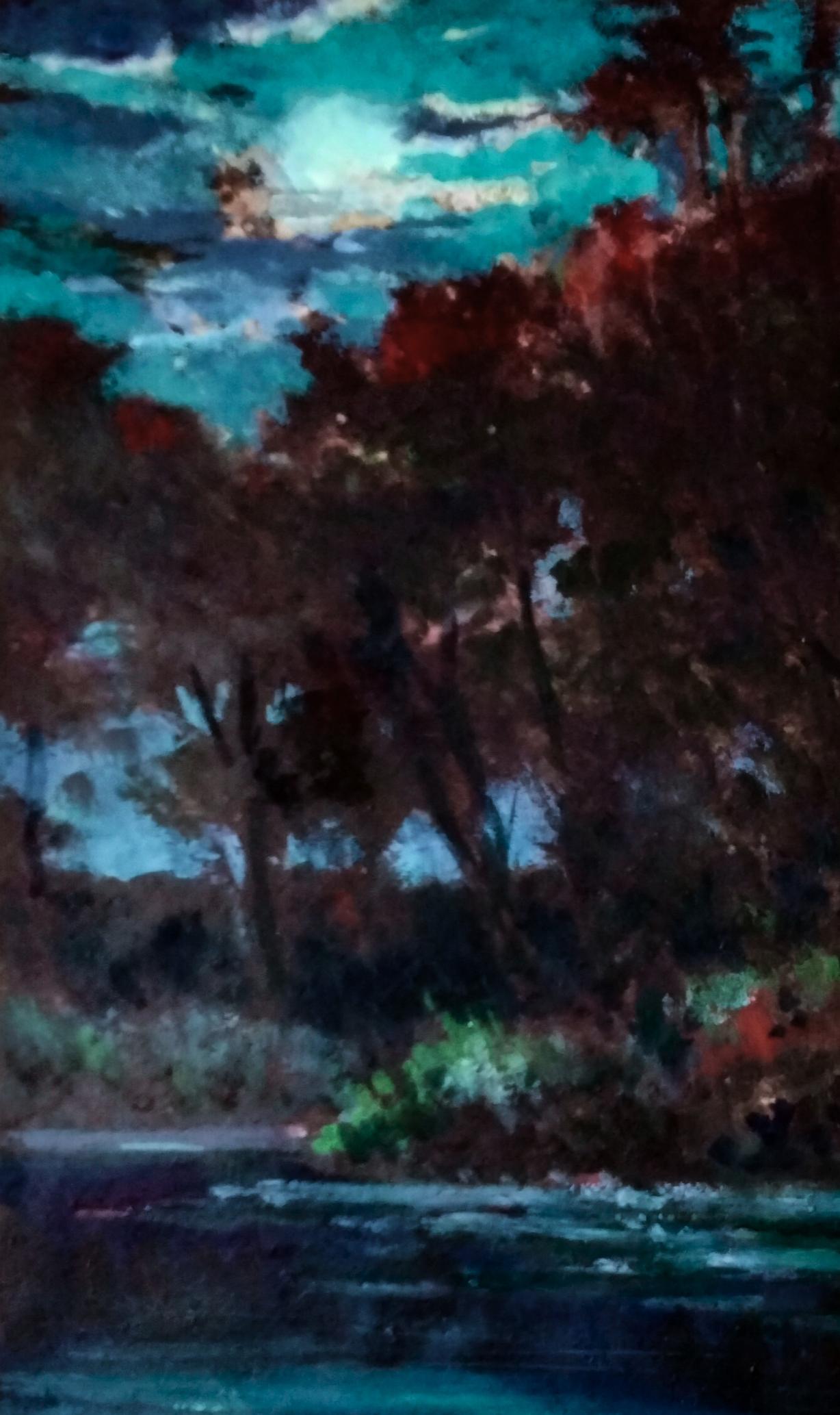 Oil painting Silence is deeper than darkness by Vitaly Duhnevich: moonlit forest