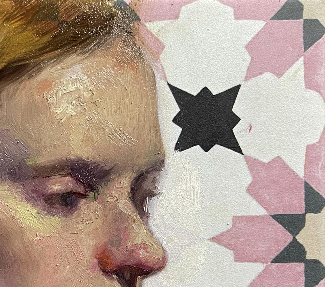 Oil painting portrait of Helena Annam Butt with blonde hair and geometric background