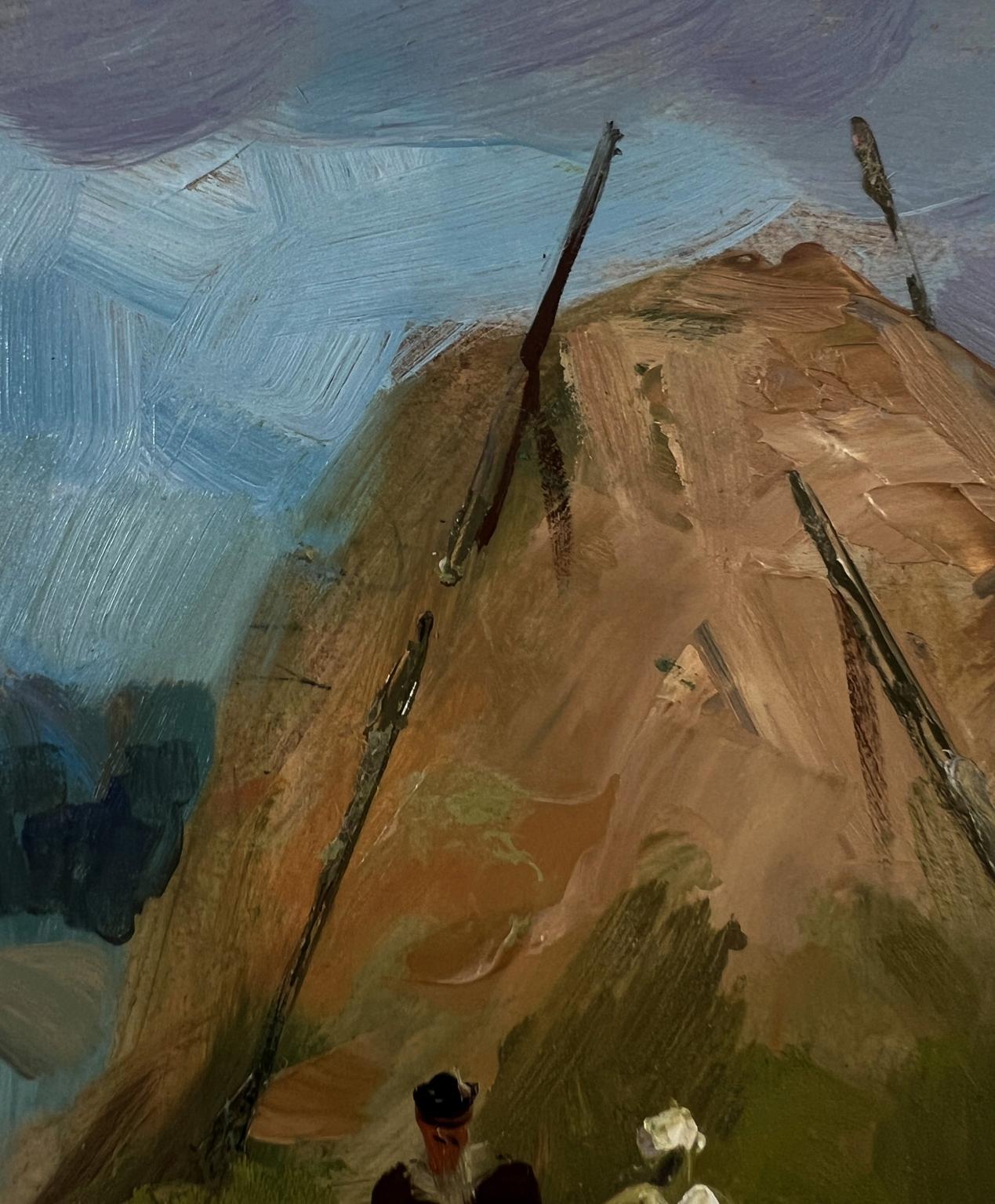 Oil painting of cloud-covered village by Yuriy Suprunchuk with textured mountains